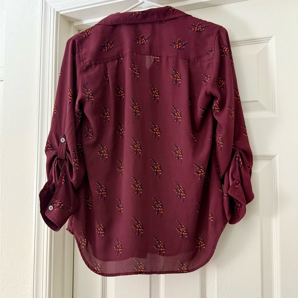 NWT LOFT Maroon & Orange Floral Button-Down Shirt - XS - Picture 7 of 8
